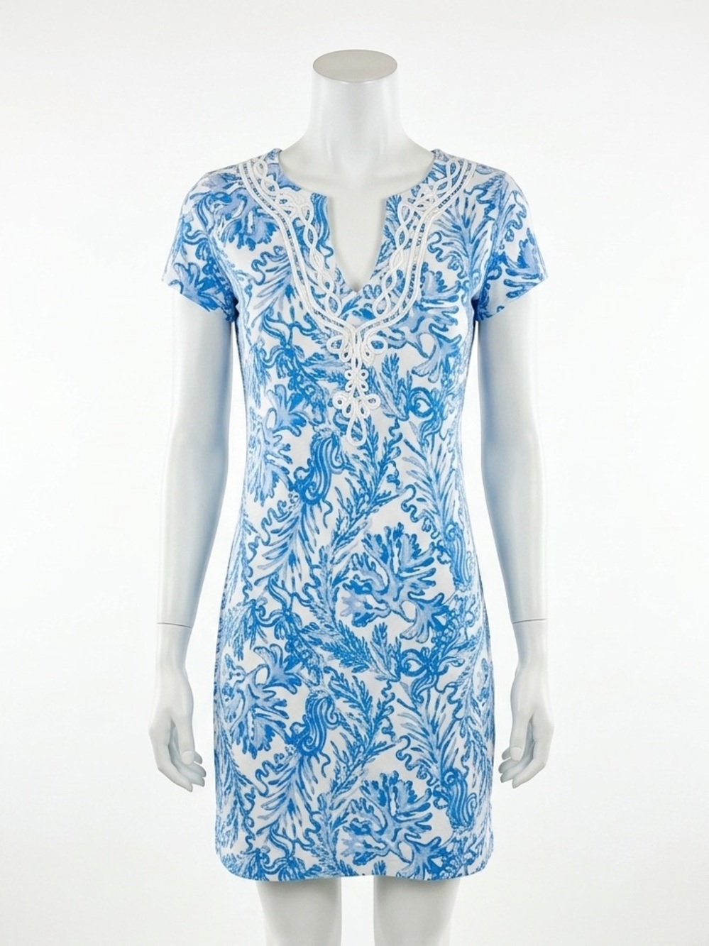 Lilly Pulitzer Blue Coral Print Soutache V Neck Tunic Shift Dress Size Small